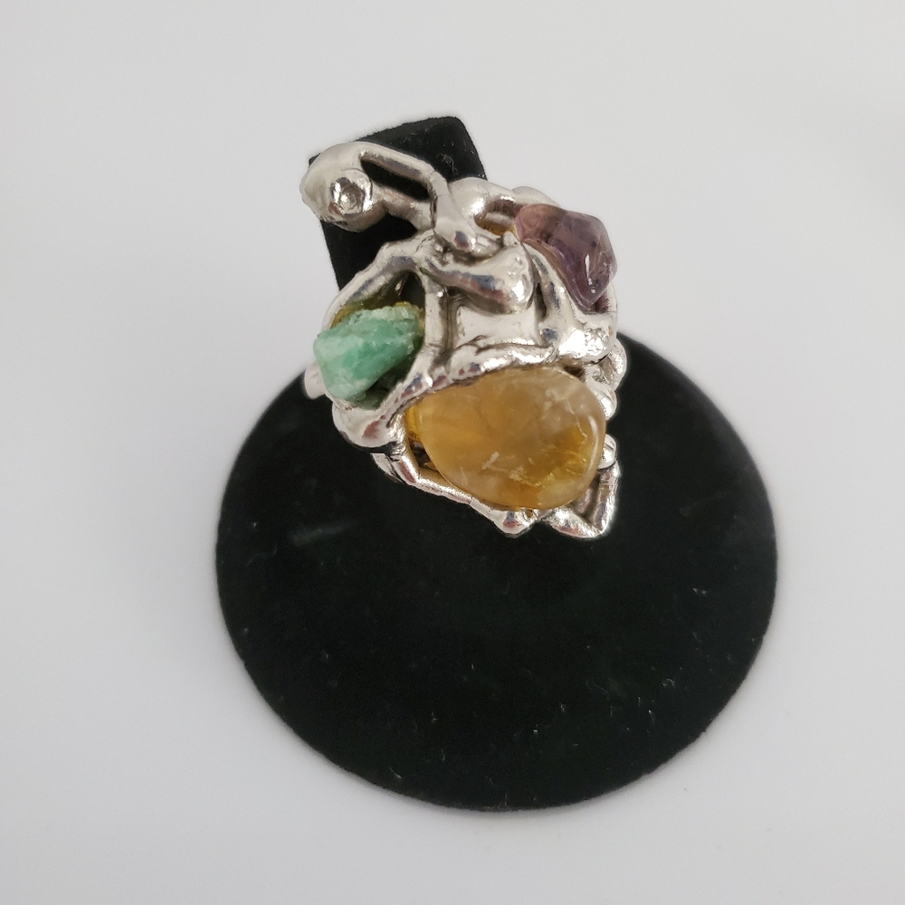 Boho Abstract Silver Toned Ring with Stones
